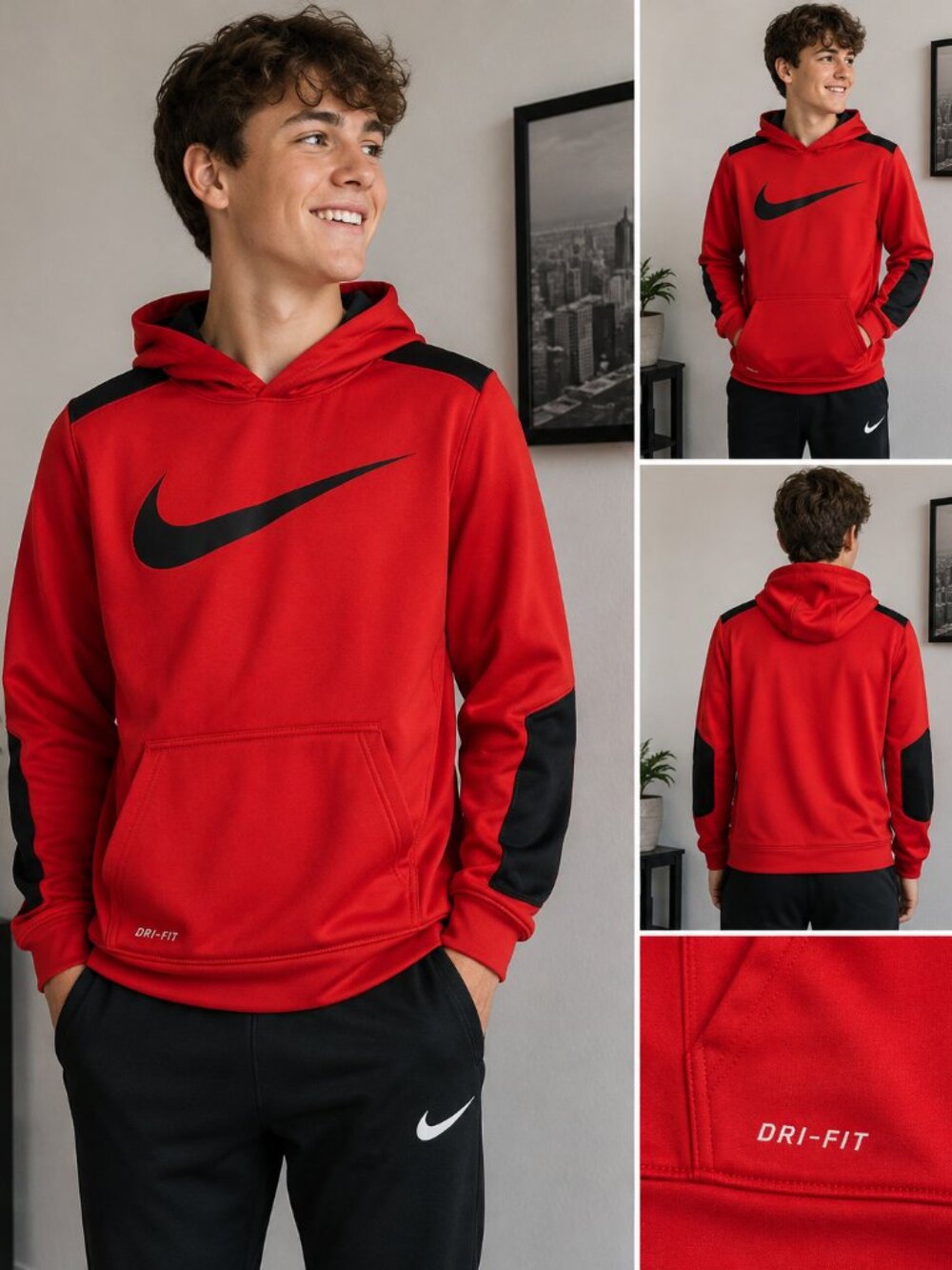 Nike Dri-FIT Hoodie Large Red Black Swoosh Pullover Athletic